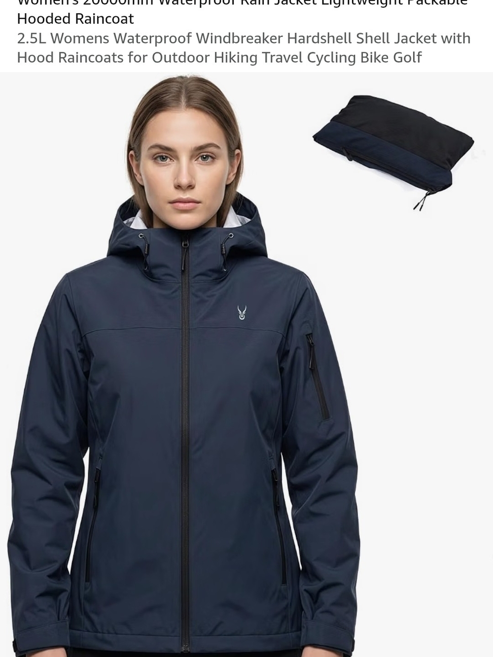Women's Packable Hooded Rain Jacket - Navy